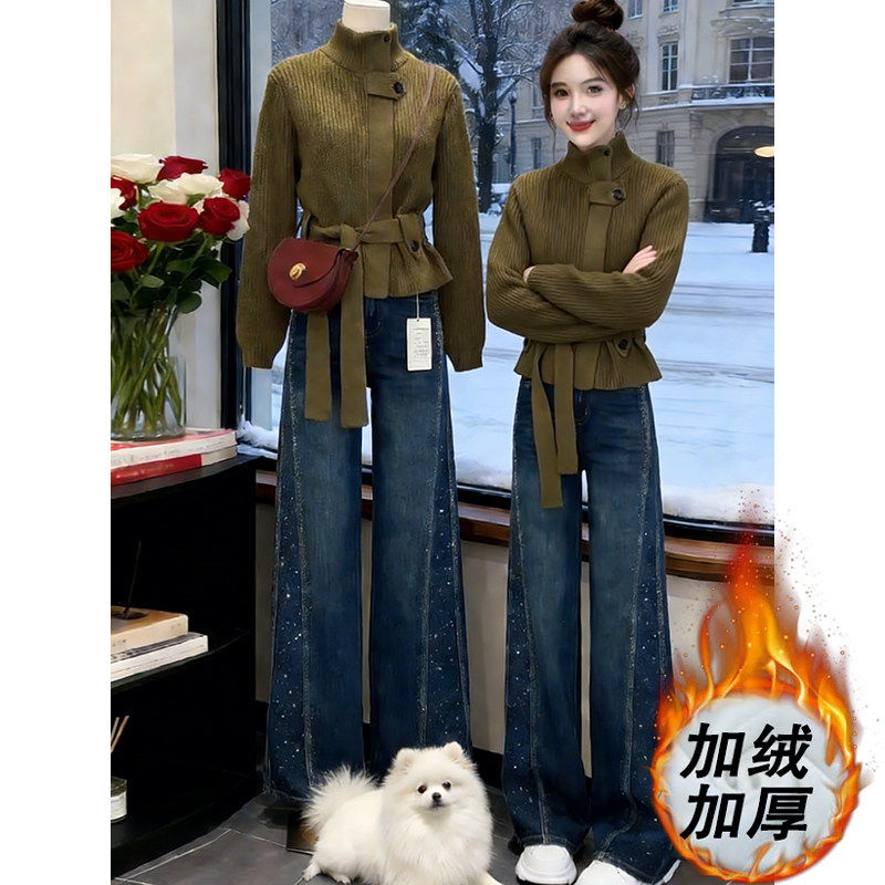 高领收腰系带毛衣阔腿牛仔裤套装女2026冬季加厚显瘦高级感两件套,女装/女士精品,时尚套装,淘宝优惠券,粉丝福利购,淘宝优惠卷