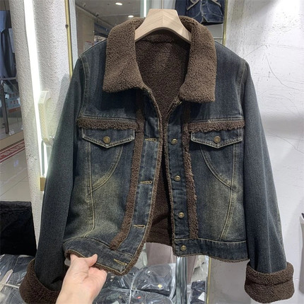 2024秋冬季新款港风加绒牛仔外套女欧货短款上衣毛毛内里派克服潮