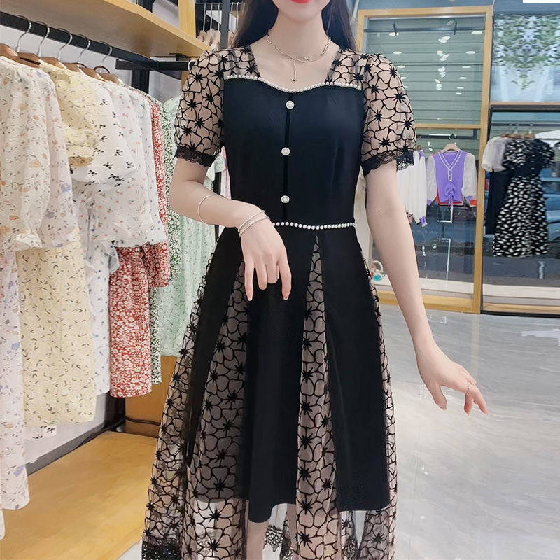 2022新款女夏装连衣裙时尚减龄中长款过膝收腰显瘦网纱拼接连衣裙