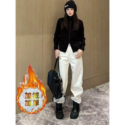 加绒加厚小马刺绣阔腿牛仔裤女2024秋冬季新款高腰显瘦窄版直筒裤