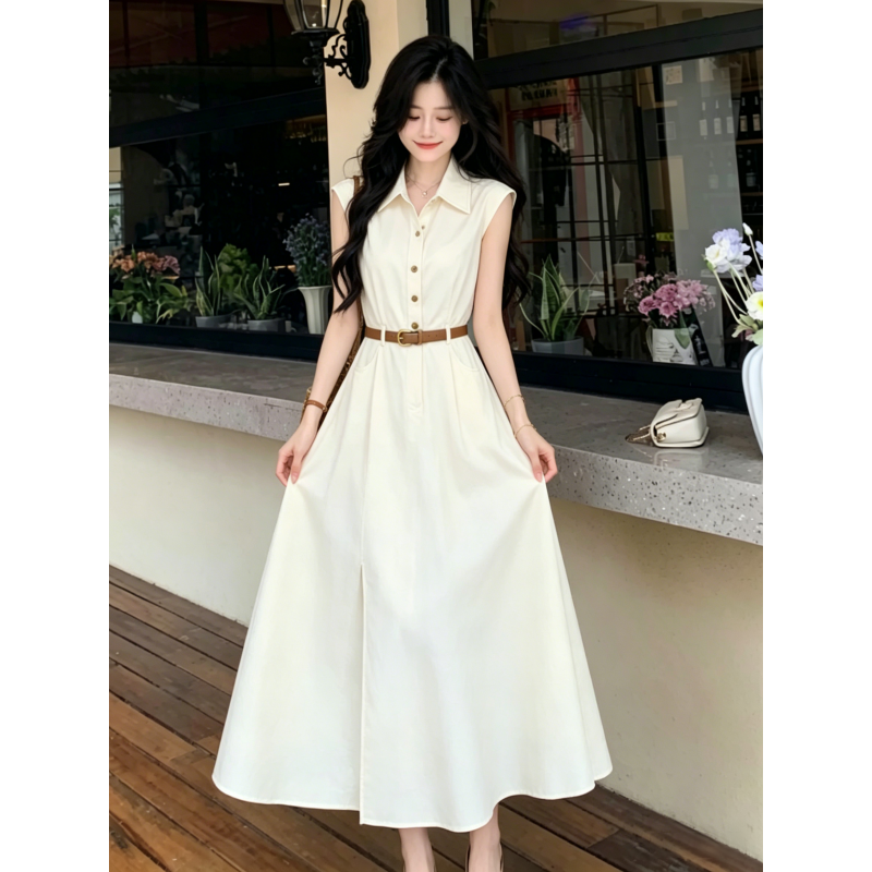 法式高级感无袖连衣裙女2026夏季翻领收腰开叉气质显瘦长款衬衫裙