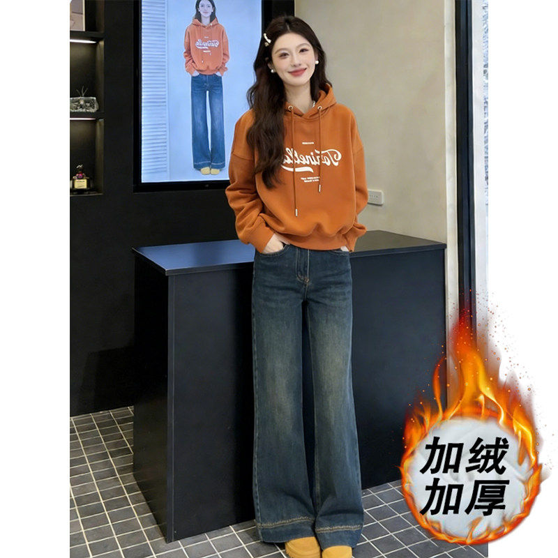 橙色连帽印花卫衣阔腿牛仔裤套装女2026冬季加厚显瘦百搭两件套女,女装/女士精品,时尚套装,淘宝优惠券,粉丝福利购,淘宝优惠卷