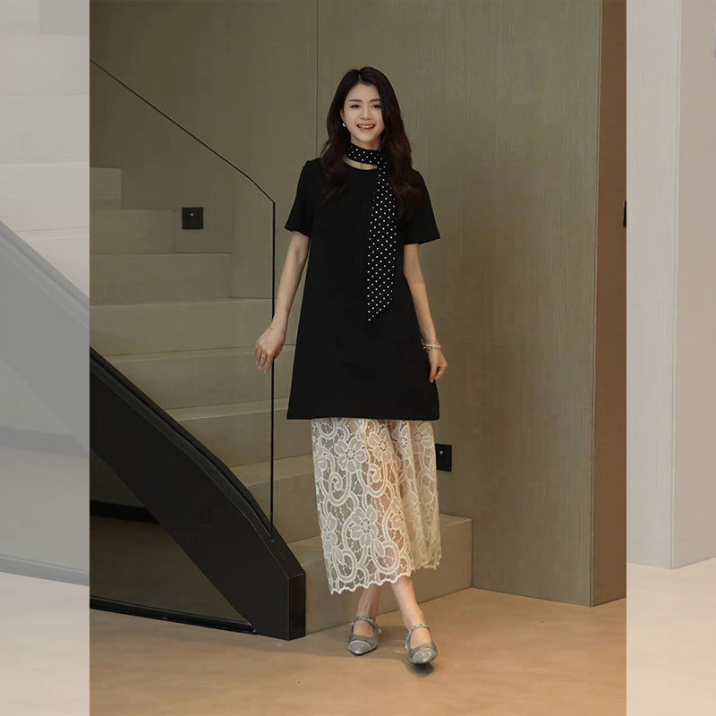黑色短袖T恤连衣裙女2026夏新款蕾丝长裙宽松显瘦超好看裙子套装
