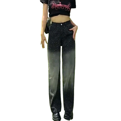 渐变色阔腿烫钻牛仔裤女黑色满钻