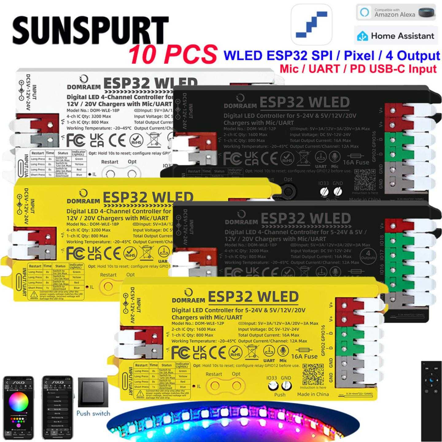 WLED LED灯带控制器 ESP32 带麦克风可下载可寻址幻彩SPI带PD供电