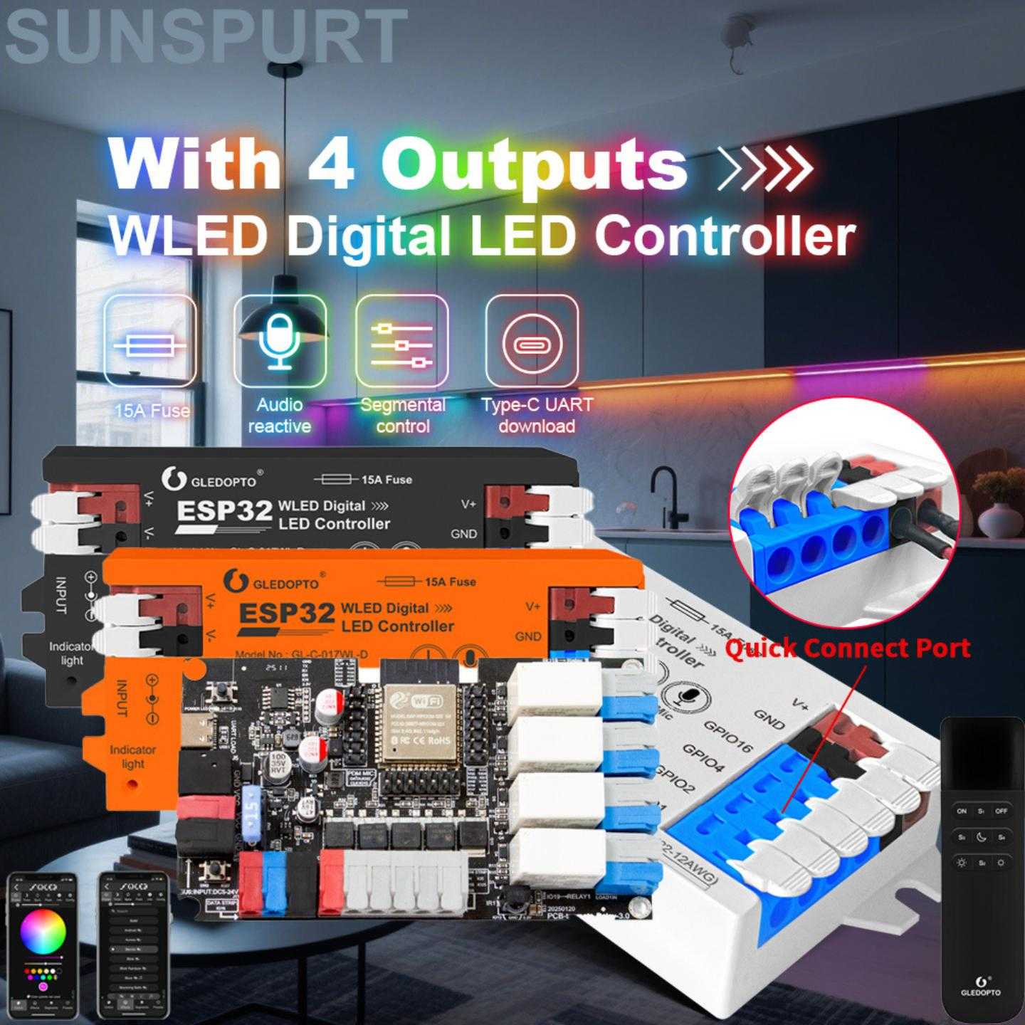ESP32 8266WLED智能数字LED幻彩灯带控制器七彩白暧带MIC音乐下载