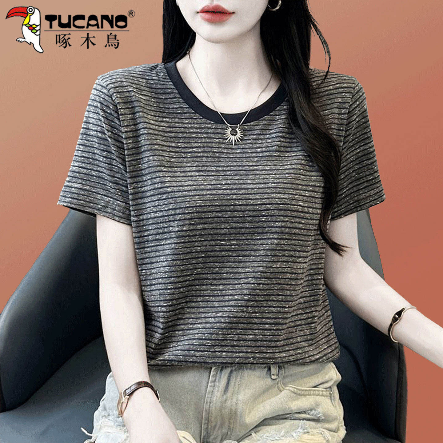 啄木鸟条纹t恤女短袖夏季薄款2026新款时尚洋气妈妈休闲百搭上衣