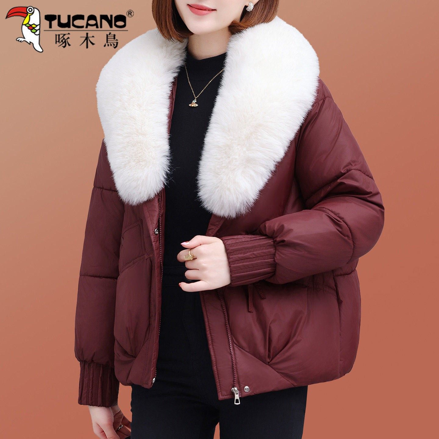 啄木鸟短款羽绒棉服女士冬季宽松加厚保暖中年妈妈大毛领棉袄外套