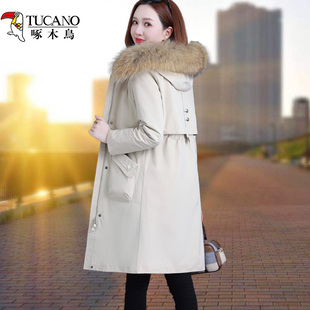 啄木鸟正品羽绒服女中长款冬季新款派克服大码可拆卸内胆收腰外套