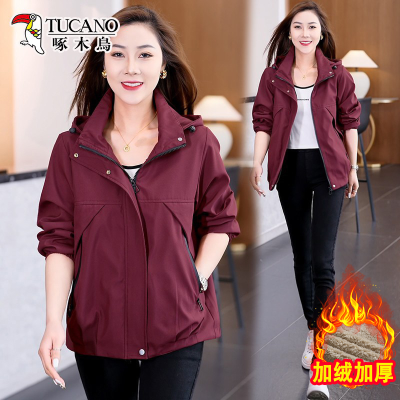 啄木鸟安克拉红夹克外套女2025新款秋洋气妈妈休闲防风薄款冲锋衣