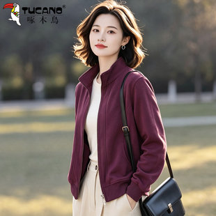 啄木鸟中老年妈妈开衫外套女2026新款春秋款宽松立领卫衣短款上衣
