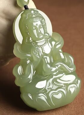 和田色玉观音吊坠双面雕刻坐莲观音玉坠女款玉石项链百搭吊坠