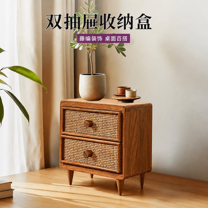 桌面杂物收纳储物盒抽屉式复古多层桌面置物架日式藤编收纳柜图片