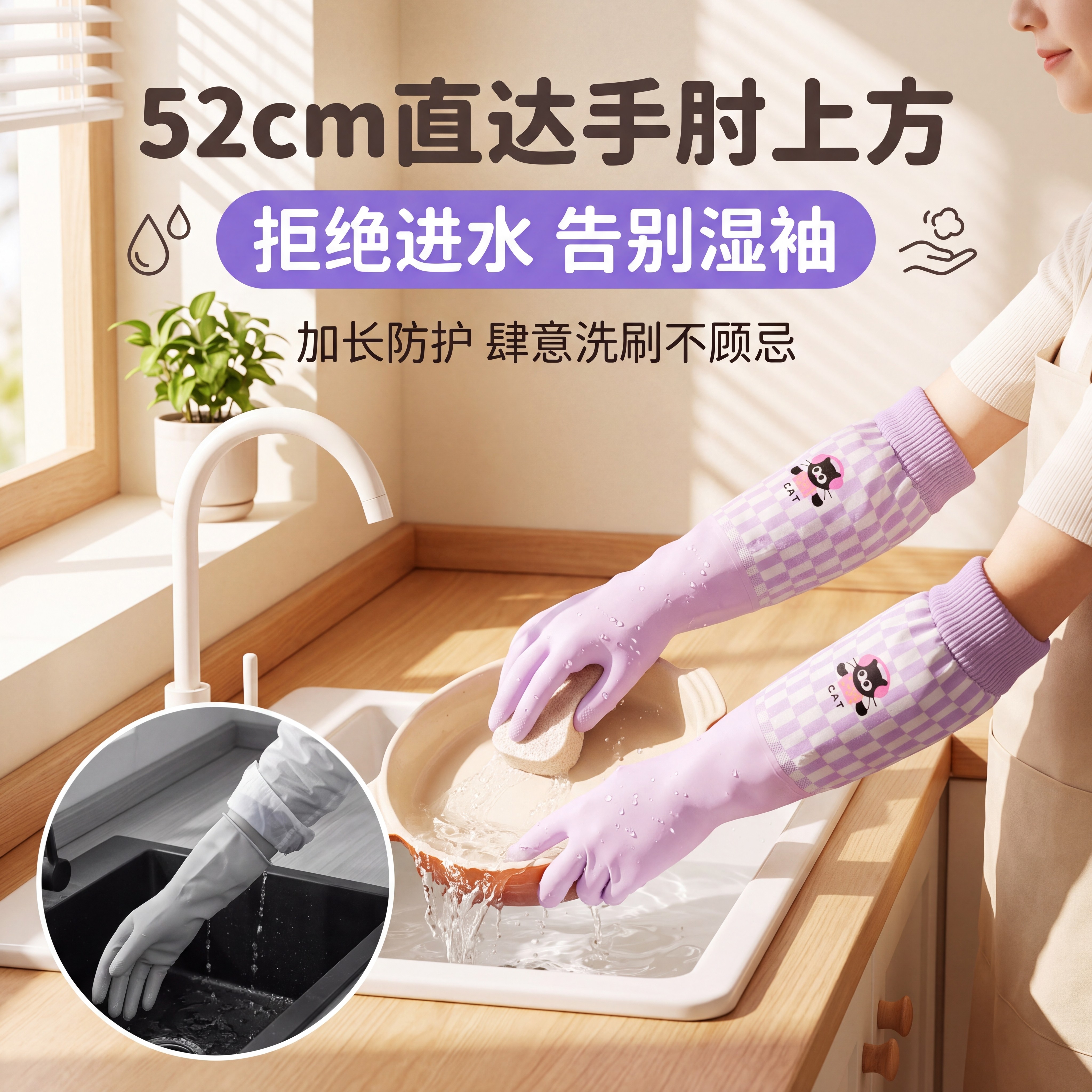 卡通加绒螺纹袖口家务手套女冬天洗碗手套清洁厨房加厚加绒防水