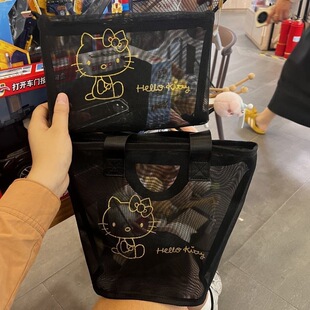 黑色手提包KT猫透气网纱收纳包大容量化妆包洗澡洗漱包网纱包