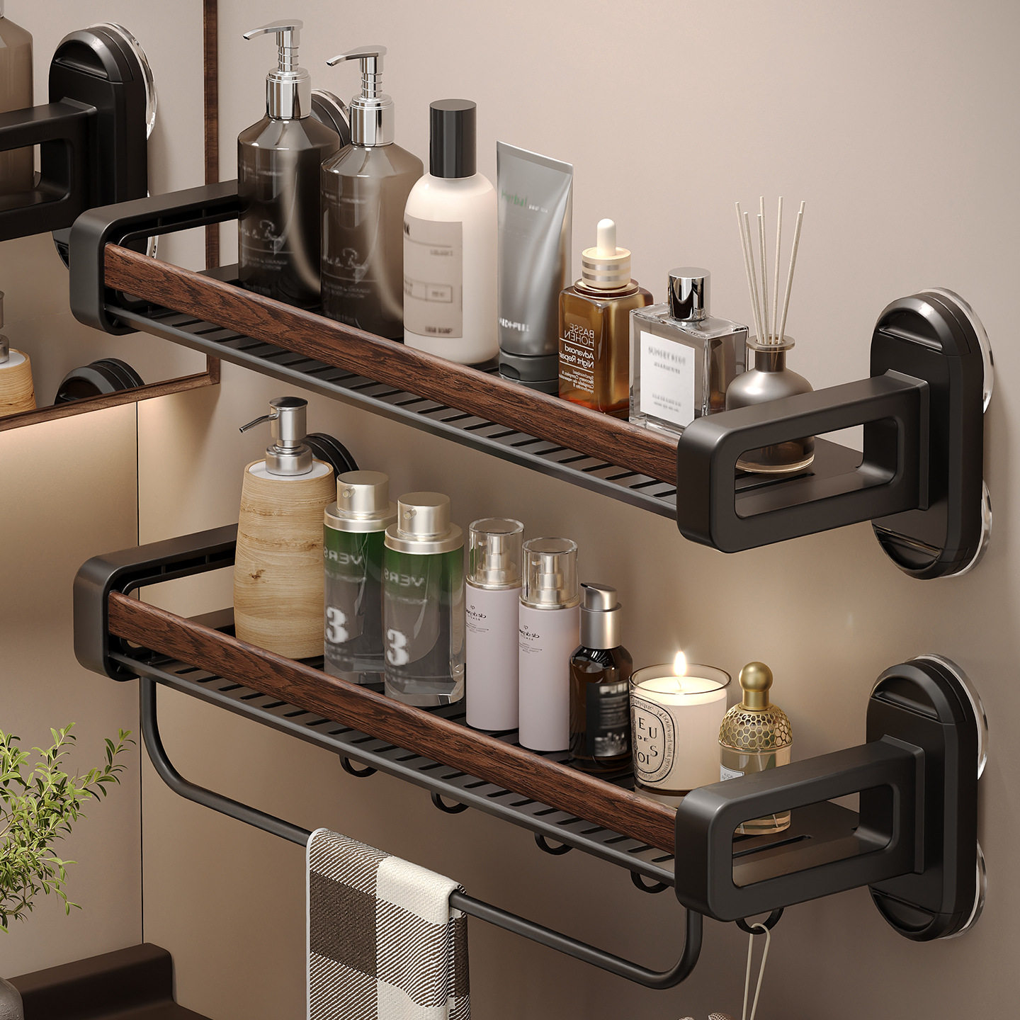胡桃木双吸盘卫生间置物架浴室厕所免打孔壁挂调料品洗漱台收纳架,家庭/个人清洁工具,浴室角架/置物架,淘宝优惠券,粉丝福利购,淘宝优惠卷