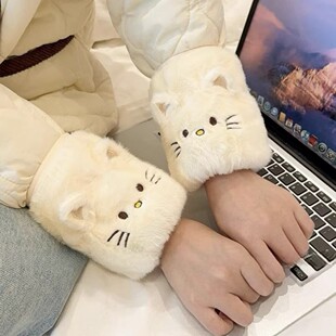 秋冬毛绒猫咪防污袖套女新款羽绒服护袖工作学习学生保暖套袖短款