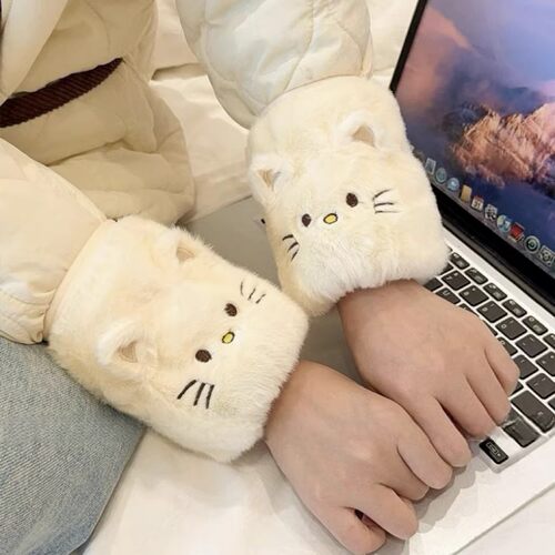 秋冬毛绒猫咪防污袖套女新款羽绒服护袖工作学习学生保暖套袖短款