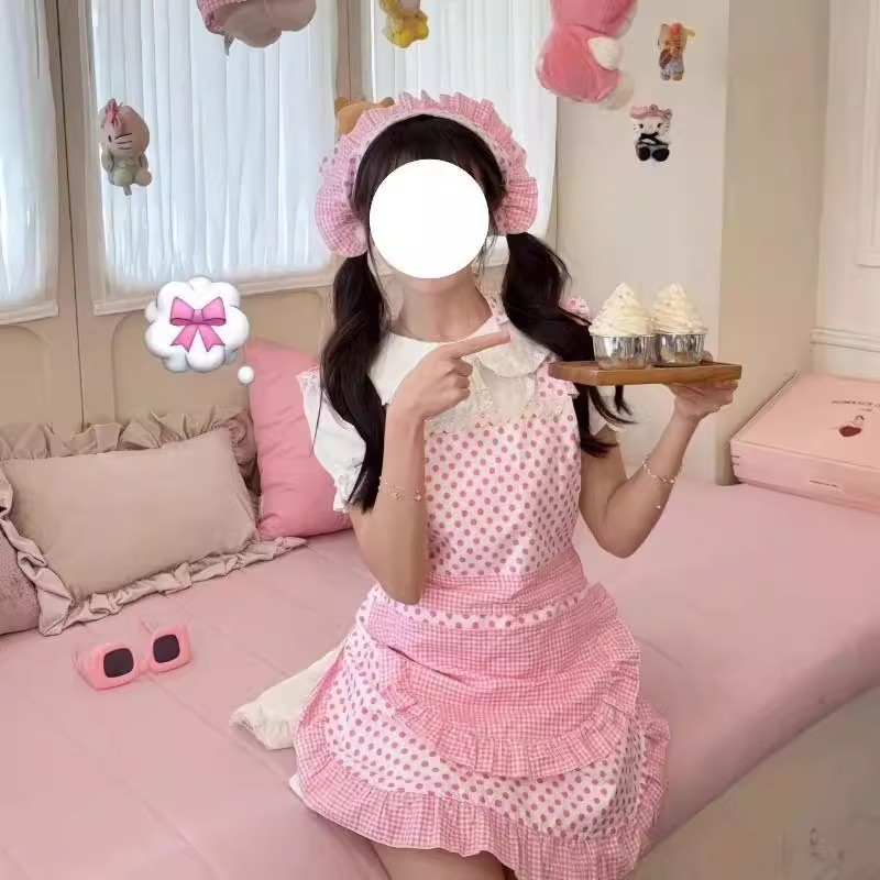 甜美小厨娘女仆纯欲可爱少女花边波点绑带围裙女套装大码