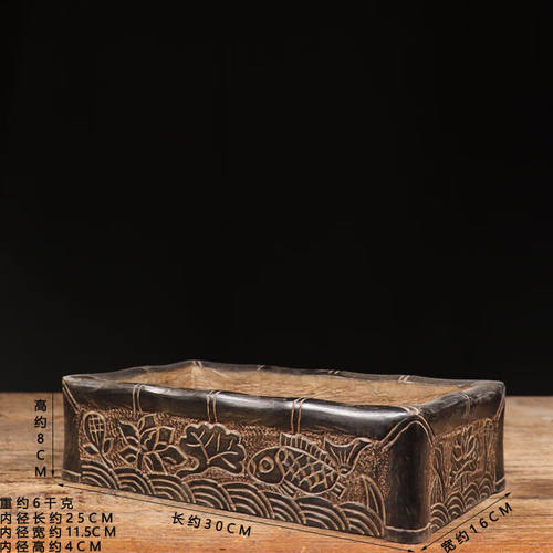 仿古石雕天然青石竹节鱼盆花盆中式复古石盆家居饰品摆件收藏包邮