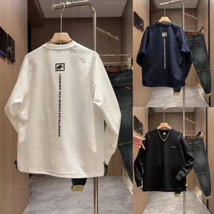 T恤宽松百搭纯色打底 圆领套头卫衣硅胶字母潮牌长袖 2025秋季 新款
