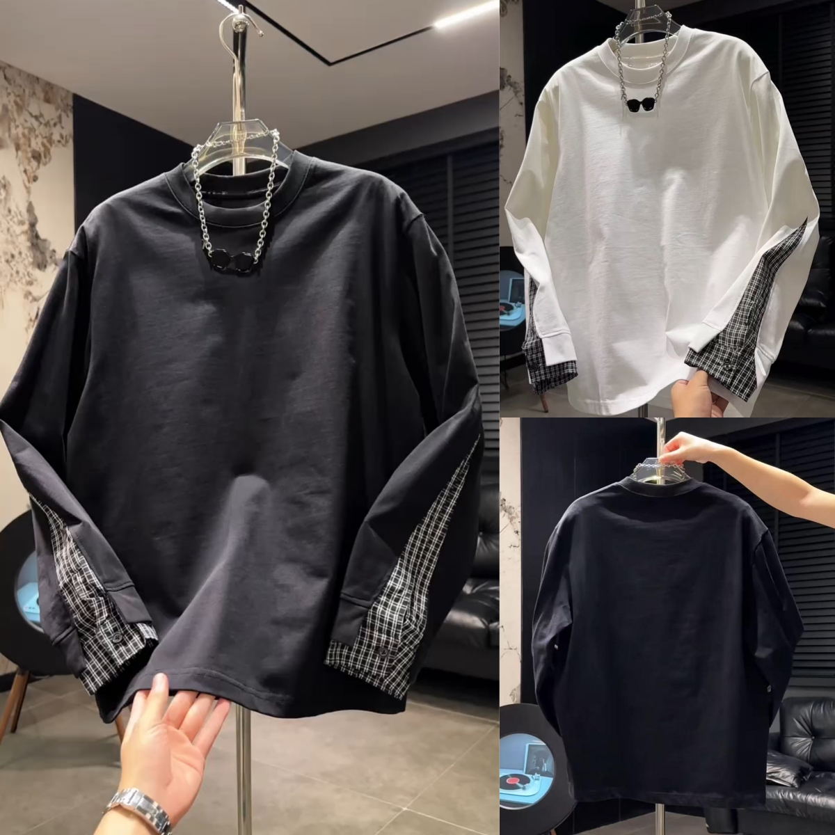 拼接袖子重磅水洗长袖T恤打底衫