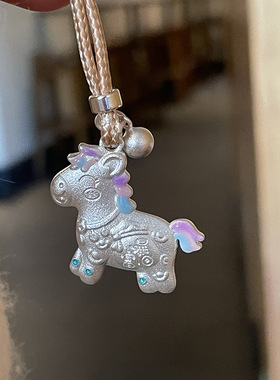 S999足银独角兽马上有钱吊坠项链纯银挂件生肖马本命年毛衣链挂坠