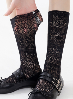 黑色袜子女春夏薄款棉无骨中筒袜镂空网眼芭蕾风玛丽珍堆堆长筒袜