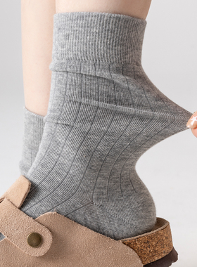 灰色堆堆袜女夏季薄款纯棉透气无骨中筒月子袜夏天搭配勃肯鞋袜子