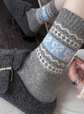 费尔岛袜子女秋冬款羊毛长筒袜羊绒堆堆袜复古保暖加厚冬天中筒袜