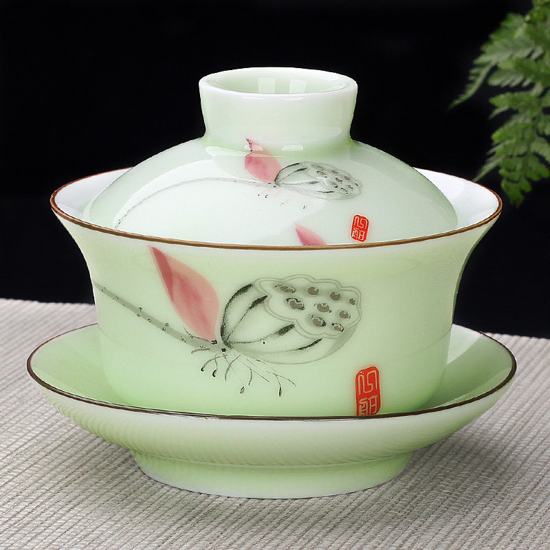 末广白瓷盖碗茶杯茶碗大号茶具泡茶杯青花瓷功夫陶瓷三才碗白瓷