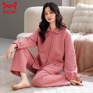 猫人睡衣女士加厚纯棉长袖秋冬女款空气棉夹层中年妈妈夹棉家居服