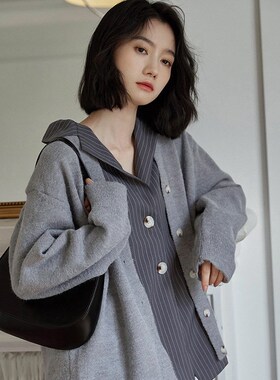 Vintage suit collar stripe patchwork fake two cardigans