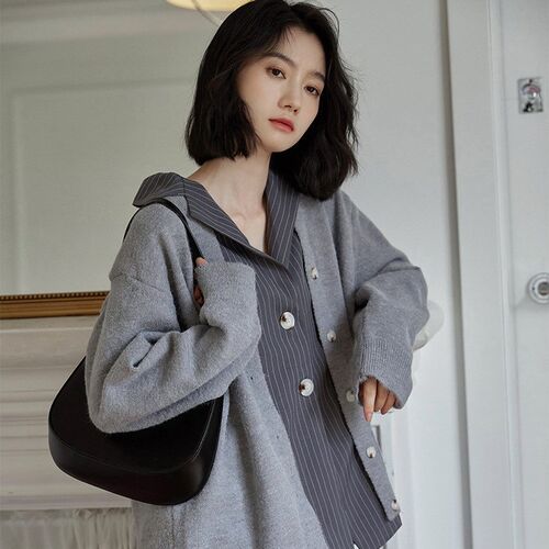 Vintage suit collar stripe patchwork fake two cardigans