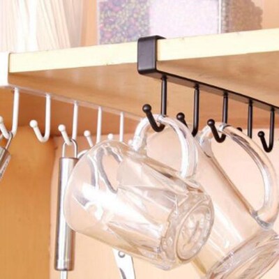6 Hooks Cup Holder Hang Kitchen Cabinet Under Shelf Storage
