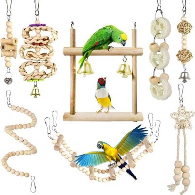 8Pcs/Set Bird Parrot Toys Wooden Hanging Swing Hammock Climb