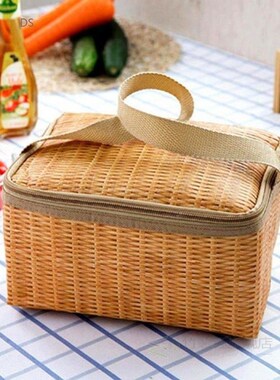Portable Lunch Bag Wicker Rattan Outdoor Waterproof Insulate