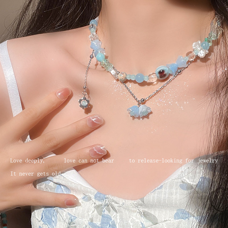 蓝色琉璃花朵吊坠项链女夏季2023年新款糖果蝴蝶结串珠手链锁骨链