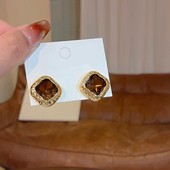 抖音同款 美拉德方形锆石耳钉轻奢小众设计高级感百搭气质耳环配饰