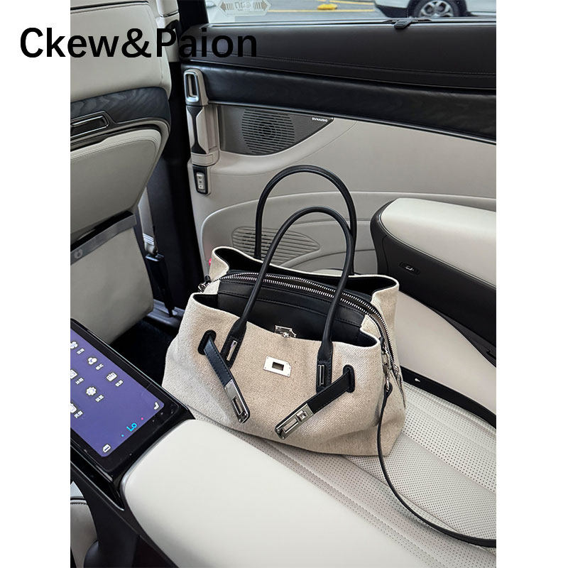 CKEWPAION 高级感亚麻拼色凯莉包女通勤大容量托特包休闲斜挎包