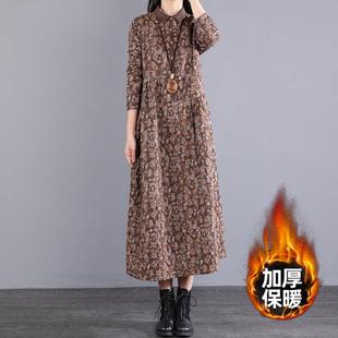 过膝打底裙 宽松中长款 保暖文艺大码 碎花棉麻连衣裙女秋冬夹棉加厚