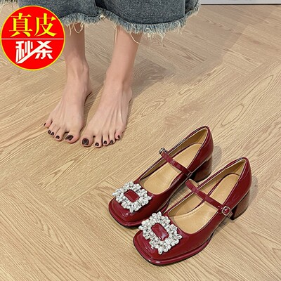 跟红色小皮鞋玛丽珍鞋女粗跟单鞋