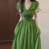 法式 独特漂亮掐腰夏日绝美长裙 巨好看绿色连衣裙子女2025夏季 新款