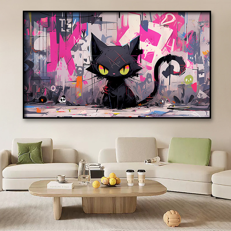 黑猫涂鸦挂画赛博朋克咪壁