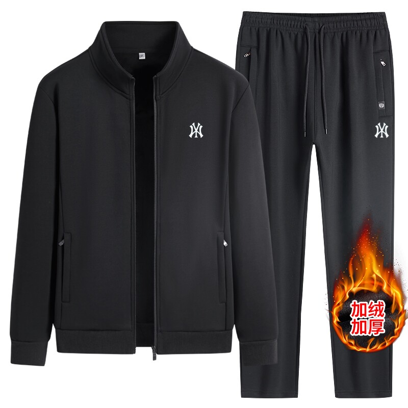 奥特莱斯秋冬运动套装男士2023新款纯棉直筒立领外套加绒加厚套装