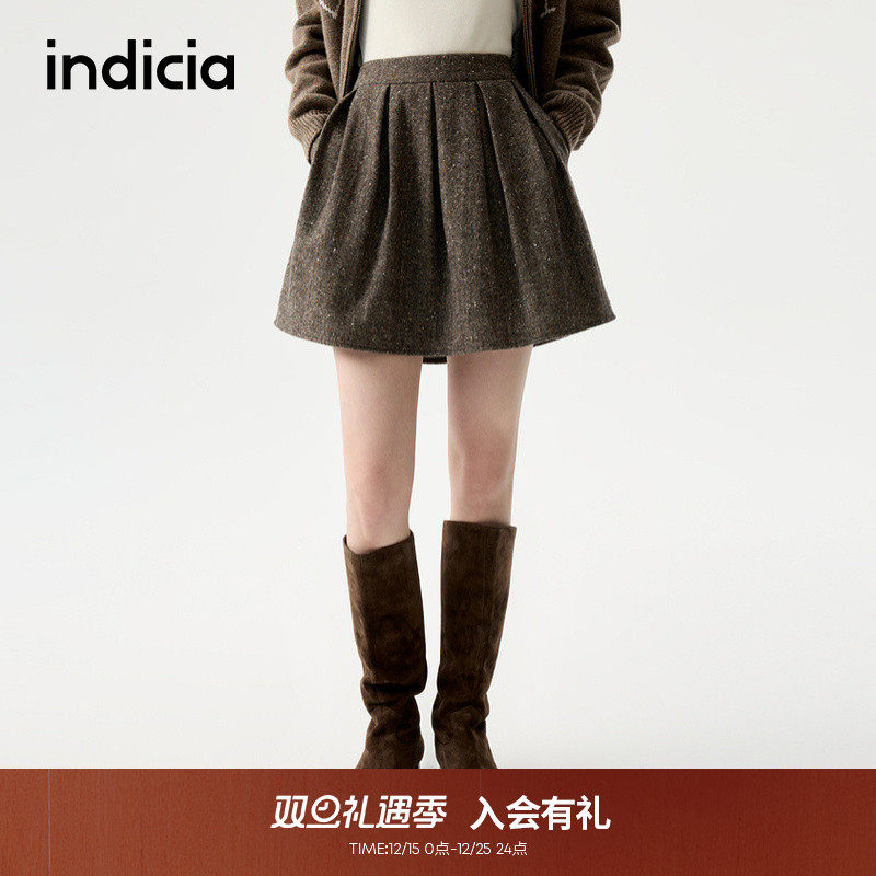 indicia标记25冬新款A字miu系拼接百褶半身裙花苞短裙L2D5QZ213