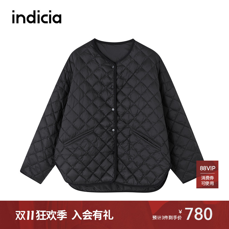 indicia标记商场同款菱形格保暖羽绒服黑色廓形复古F2D4YR713F