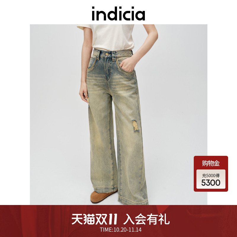 标记高腰阔腿裤indicia水洗