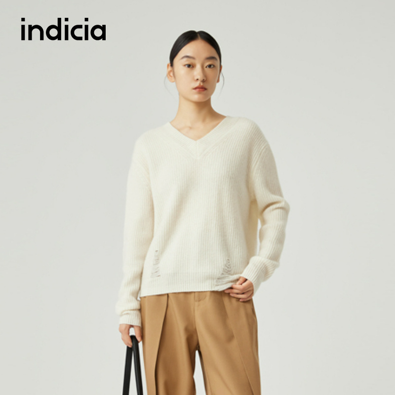 标记针织毛衣indicia破洞针织