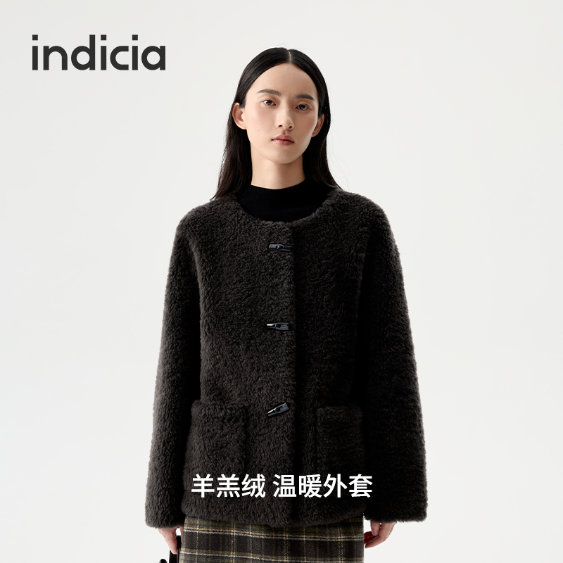 indicia标记羊羔毛短款咖色牛角扣女厚外套2025秋冬新款L2D5WT259